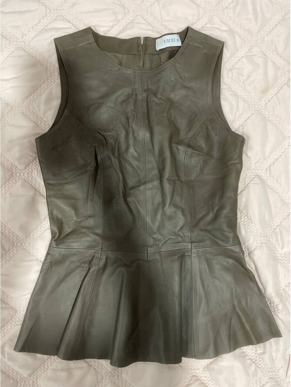 Nere Ribeiro Brown Pleated-Peplum Leather Top Size 36